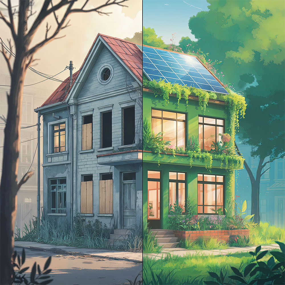 Before and after: a vacant house becomes a bright, green home with solar panels and plants